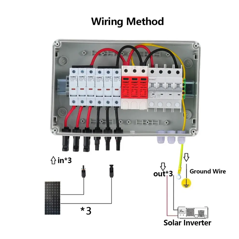 1000V 3-in 1-out Solar PV DC Combiner Box with Fuse, Surge Protection & Circuit Breaker
