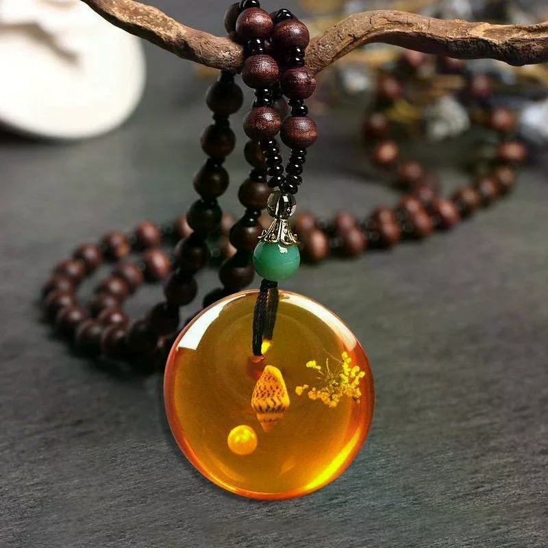 Collar con colgante retro de ámbar para hombres y mujeres, cadena larga para suéter, regalo para el Día de la Madre