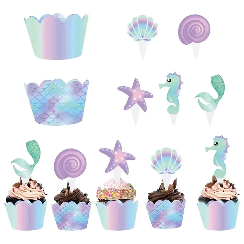40 stks/set Oceaan Thema CupCake Toppers Wrappers Zeemeermin Zee Ster Shell Verjaardagsfeestje Gunst Cake Decor Supply
