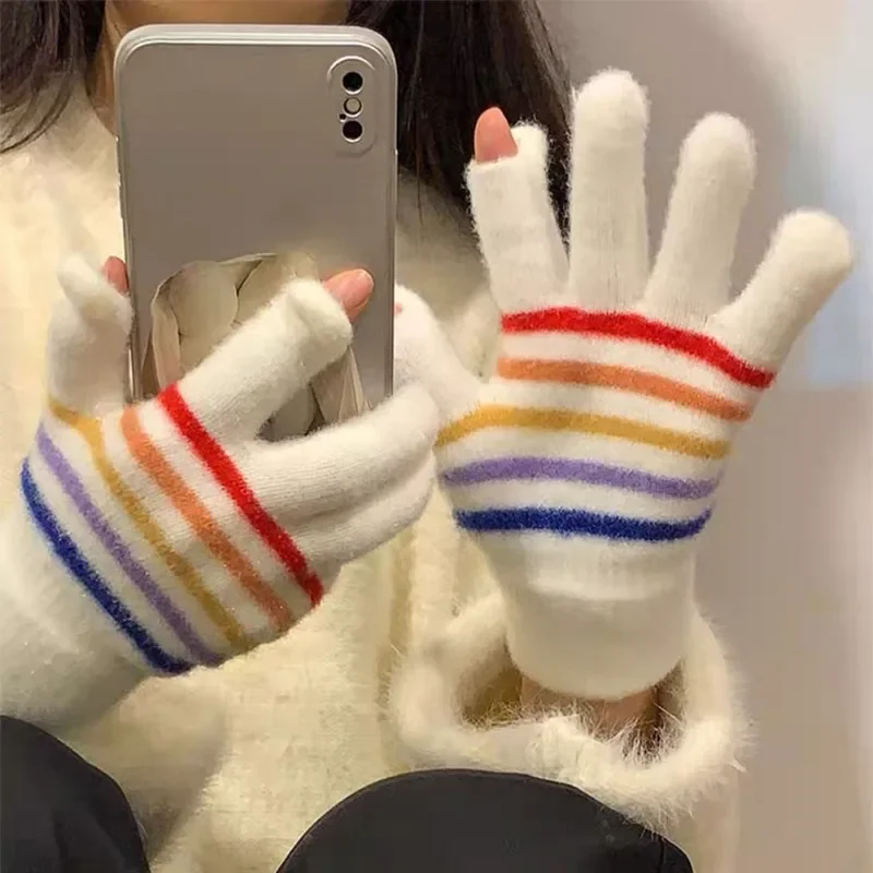 Rainbow Striped Knitted Gloves Winter Women Men Warm Soft Comfortable Gloves Cute Sweet Small Openings Gloves Fashion Accessory