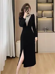 Luksusowa sukienka bankietowa Diamonds Deco dla kobiet Jesień Zima Vintage Puff Sleeve Slim Split Velvet Bodycon Dress