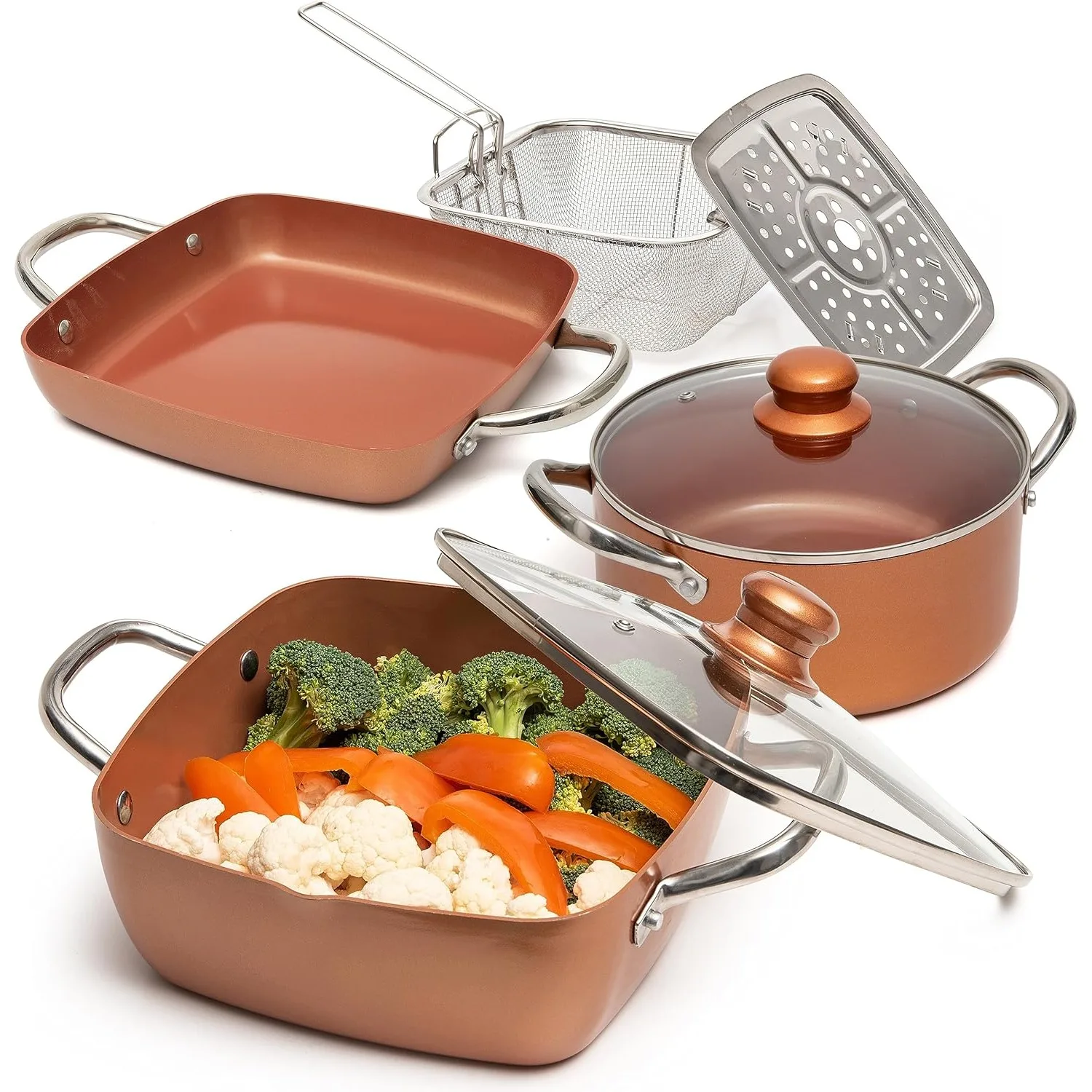 

7 Pcs Copper Pots And Pans Set, Copper Chef Cookware Non Stick, Square Copper Pans for Cooking, Round Copper Pot & Fry Basket