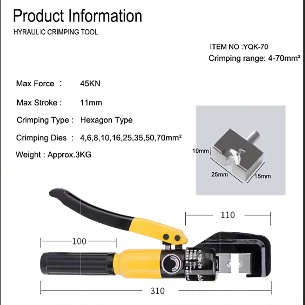 Hydraulic Crimping Tool Hydraulic Crimping Plier Hydraulic Compression Tools YQK-70 Range 4-70mm Pressure 6T