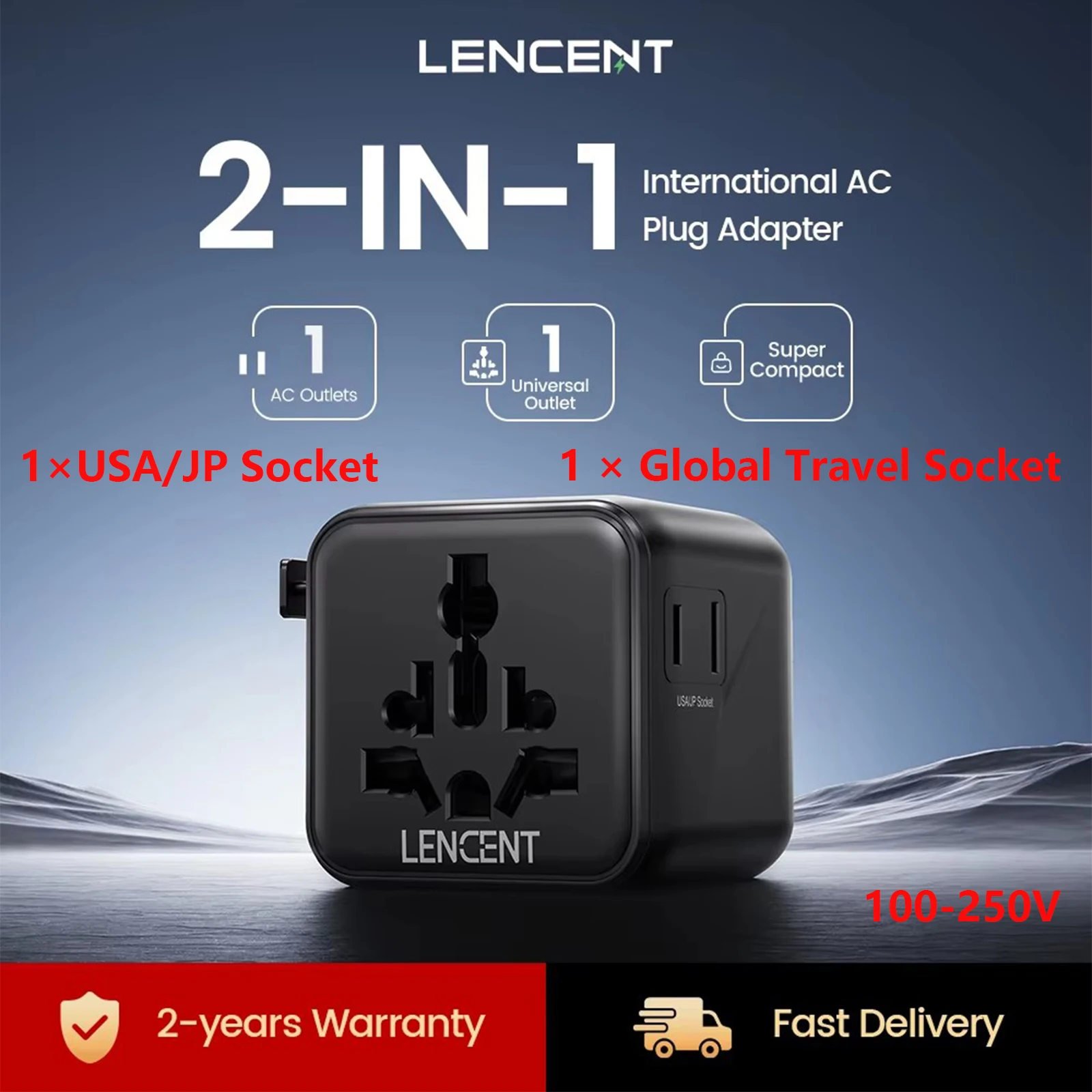 LENCENT 2-IN-1 Universal Travel Adapter with 2 AC Outlets  Mini International AC Plug Adapter Charger for US EU UK AUS Travel