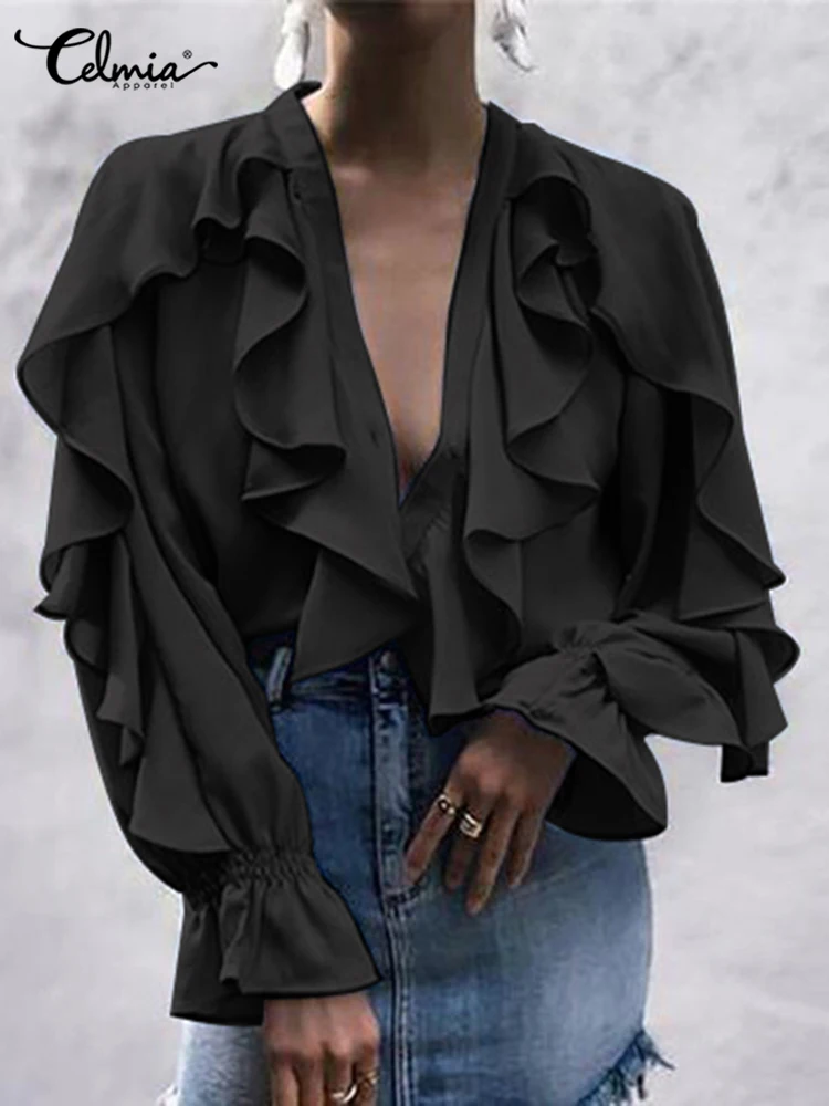 Celmia Women Ruffles Blouses 2023 Fashion Sexy V neck Tops Elegant Long Sleeve Flare Cuff Shirts Casual Button Up Party Blusas