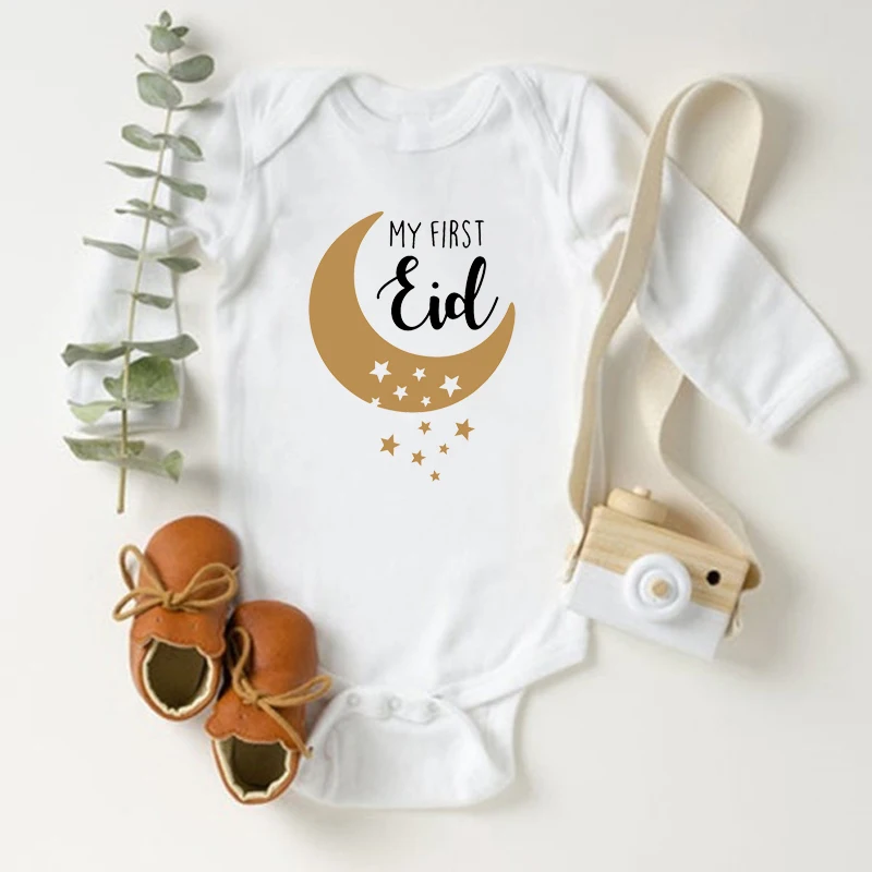 My First Eid Printed Baby Bodysuits Cotton Long Sleeve Boys Girls Rompers Funny Infant Jumpsuits 1st Eid Baby Ramadan Outfits