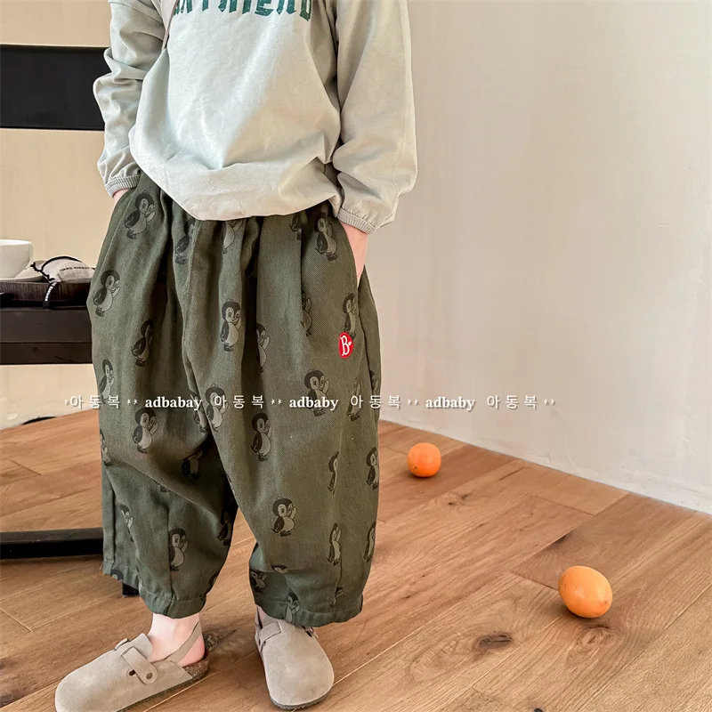 Spring 2025 Children Girls Harem Pants 1-7 Years Old Girls Penguin Printed Trousers Washed Cotton Infant Baby Girls Ruched Pants