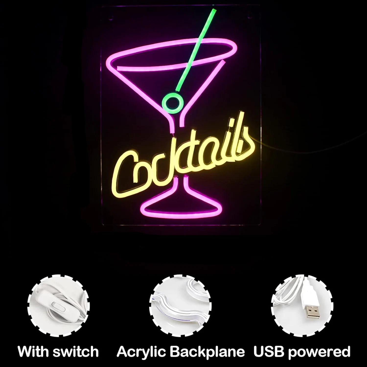 Cocktails Neon Signs USB Powered On/Off Switch Led Neon Bar Signs Hanging Art Wall Decor Night Light for Beer Bar Club Party