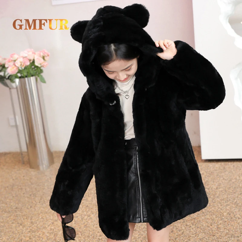 Hot Koop Luxe Authentieke Rex Konijnenbont Jas Kinderen Herfst Winter Fashion Warm Mid-Lengte Kapmantel Meisjes Natuurlijke bontjas