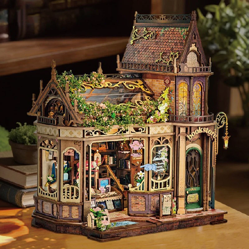 DIY Wooden Flower Shadow Library Cottage Miniature Model Kits With Furniture Casa Dollhouse for Friends Birthday Gifts