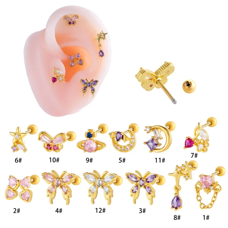Motyl księżyc wiśnia planeta kolczyki na chrząstkę dla kobiet moda kolczyki sztyfty z cyrkonią ze stali nierdzewnej Helix Piercing biżuteria