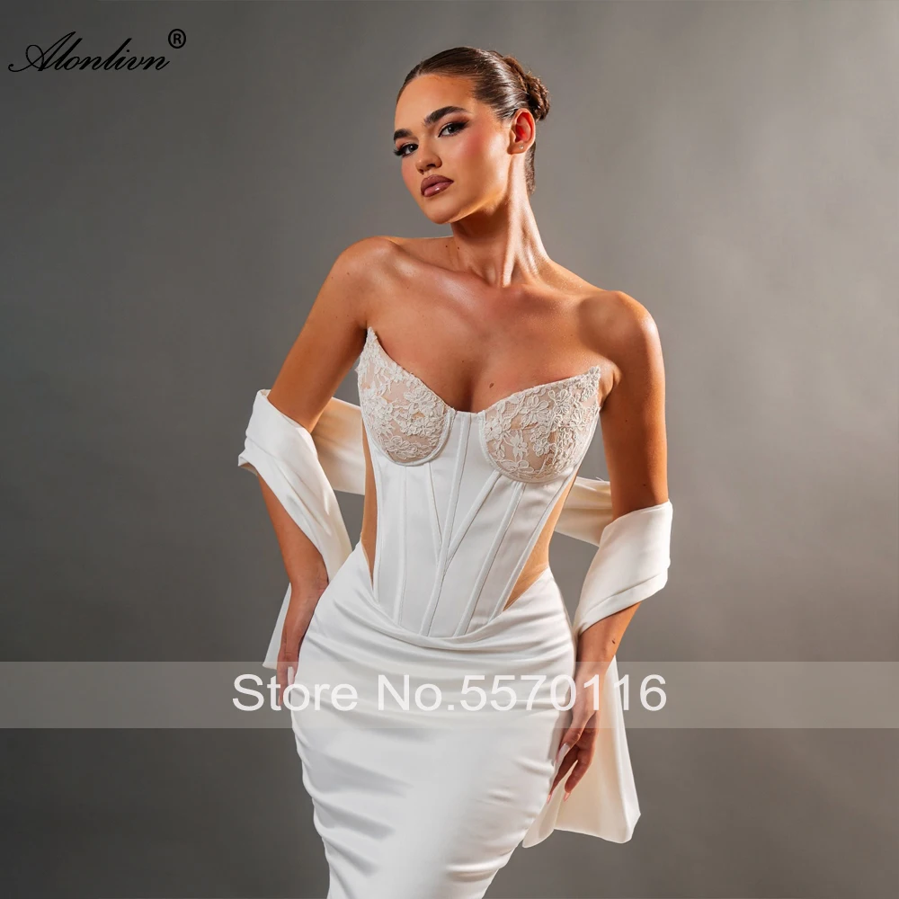 Gaun Pengantin Duyung Satin Alonlivn Custom Made, Model Sweetheart, Off Shoulder, Tanpa Lengan, Model Trumpet