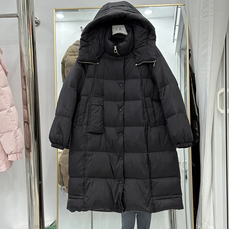 

Зимний утепленный длинный пуховик с капюшоном, женский теплый непромокаемый верх на молнии, женские куртки до колена на белом утином пуху