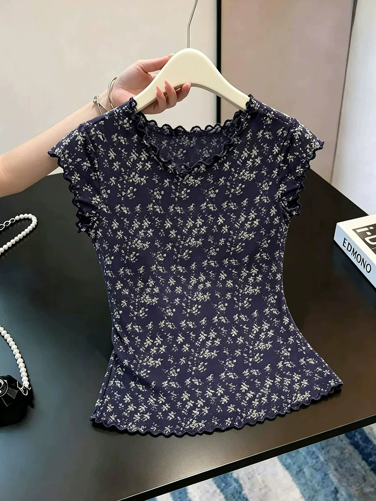 Unique Floral Lace Short Sleeve T-Shirt Summer Fashionable Women's Thin Qing Blue Top Korean Style Standard Fit Polyester Fabric