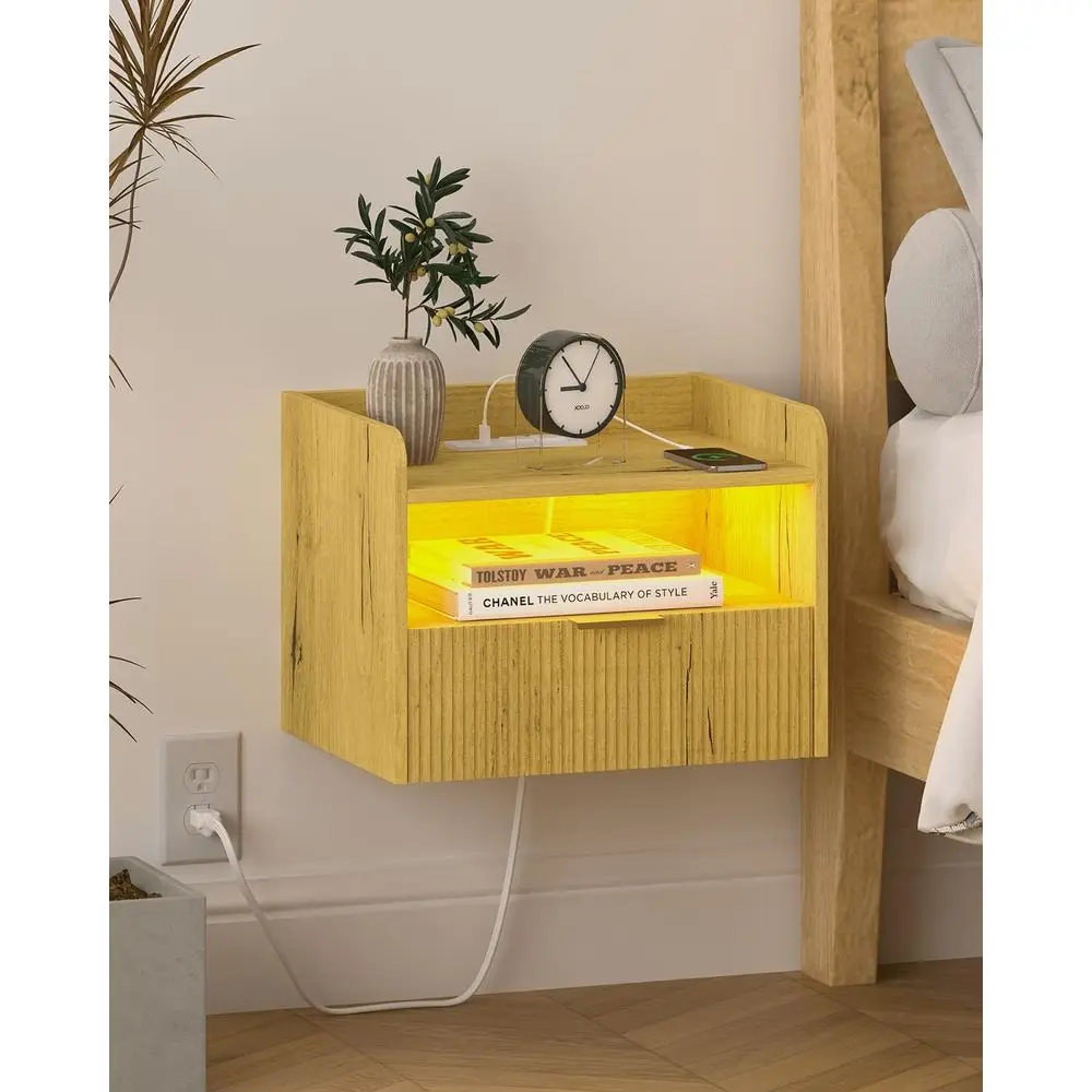 

Contemporary Nightstand with Built-in Charging Station and LED Lights in Yellow Oak Finish
