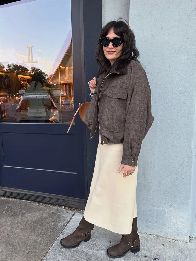 Women Cropped Stand Collar Jacket Full Zipper Front Oversized Drop Shoulder Loose Long Sleeve Coats Casual Autumn Winter Outfit