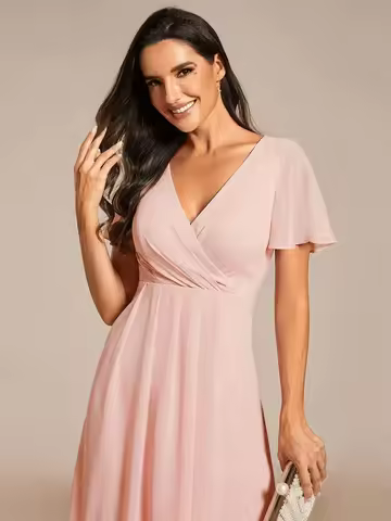 Ruffles Sleeve Pleated V-Neck A-Line Midi Dress Plus Size Chiffon Evening Bridesmaid Wedding Party Formal Prom Zipper Back Dress
