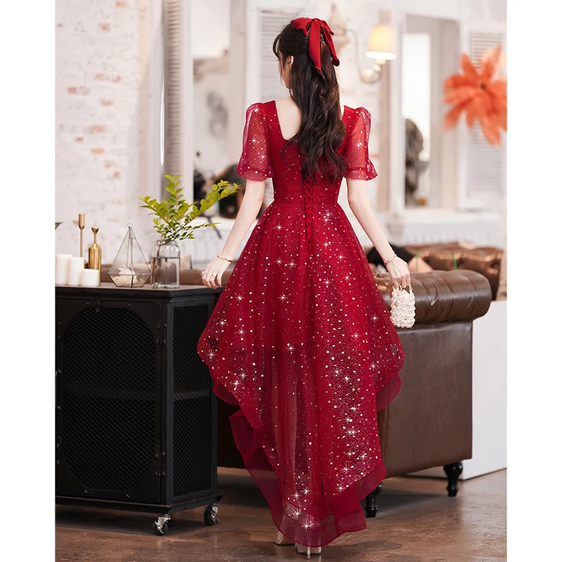 Wine Red High Low Prom Dresses 2022 Elegant Sweetheart Luxury Appliques Shiny Glitter Tulle Short Front Long Back Wedding Party