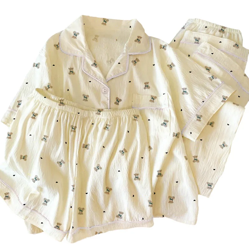 

Новая женская пижама в корейском стиле с мультяшным принтом и оборками, летний домашний комплект премиум-класса, три предмета с коротким рукавом