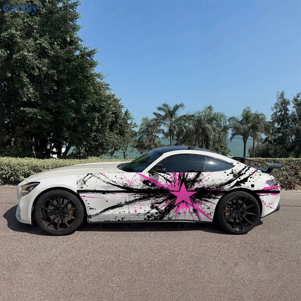 2pcs Pink-Black Star Ink-Splatter, Durable, Fade-resistant, Enhance Vehicle Aesthetics With Bold Artistic Design Car Vinyl Wraps