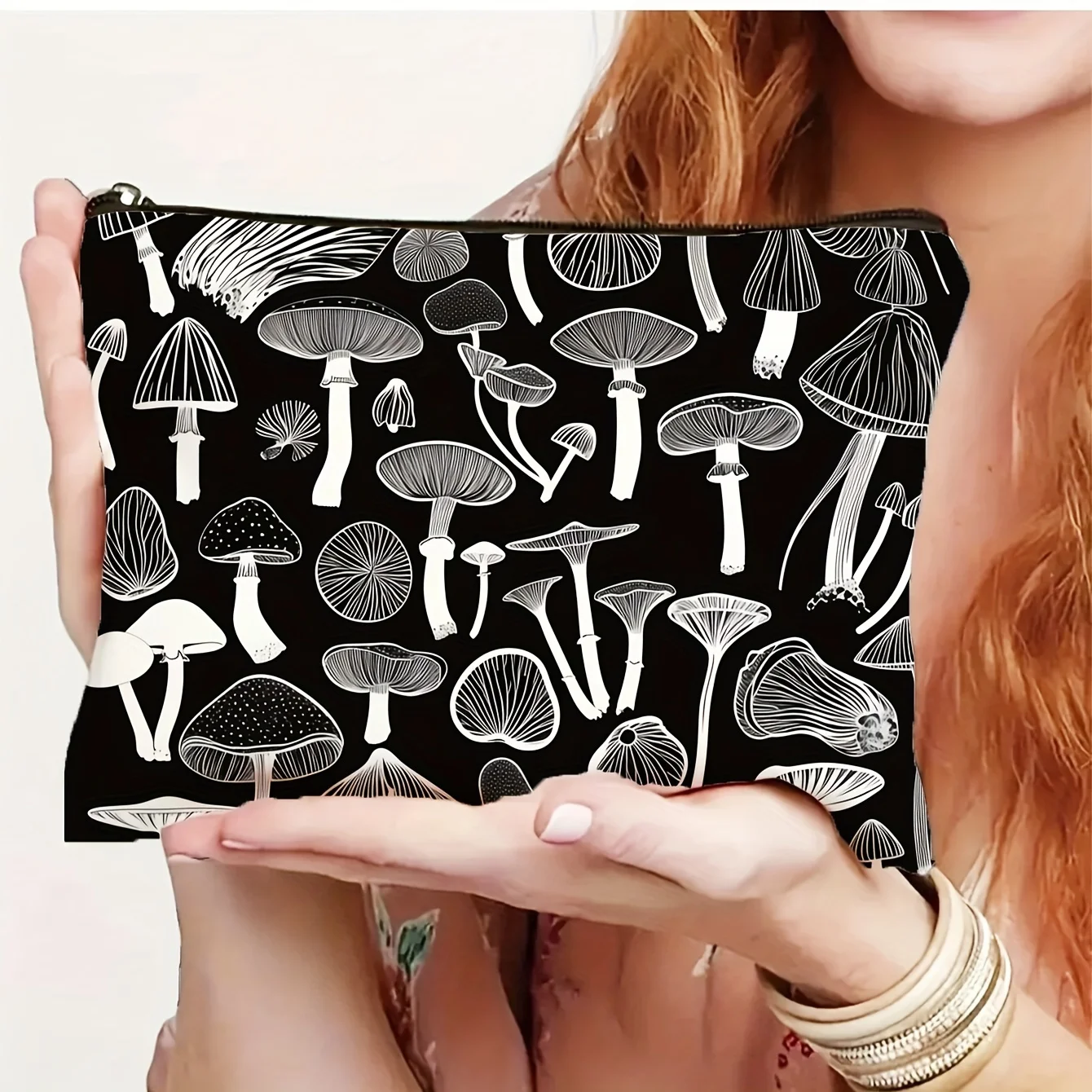 세련된 흑백 버섯 무늬 화장품 가방 - 다기능 지퍼 파우치, 보석 보관 가방
