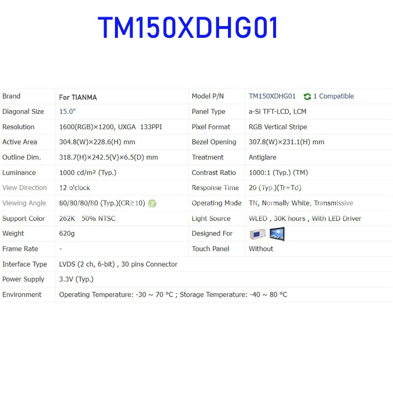 TM150XDHG01 15.0 بوصة شاشة الكريستال السائل لوحة الشاشة الأصلي ل TIANMA 30 دبابيس موصل العلامة التجارية الجديدة 100% اختبارها