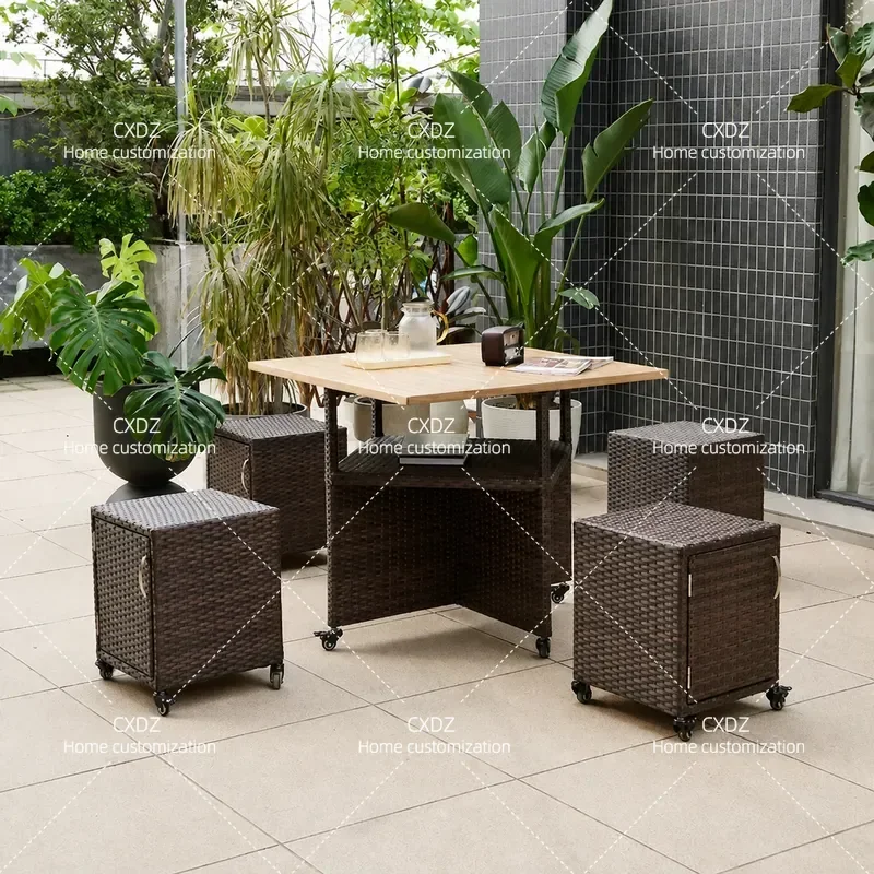 Outdoor Rattan Storage Table and Chair Set Removable Garden Balcony Tea Table Furniture Combination for Home Patio