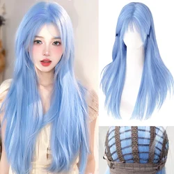 Long Straight Synthetic Wigs Blue with Ash Highlight Cosplay Wig with Bangs Daily Natural Hair for Women Heat Resistant Fiber