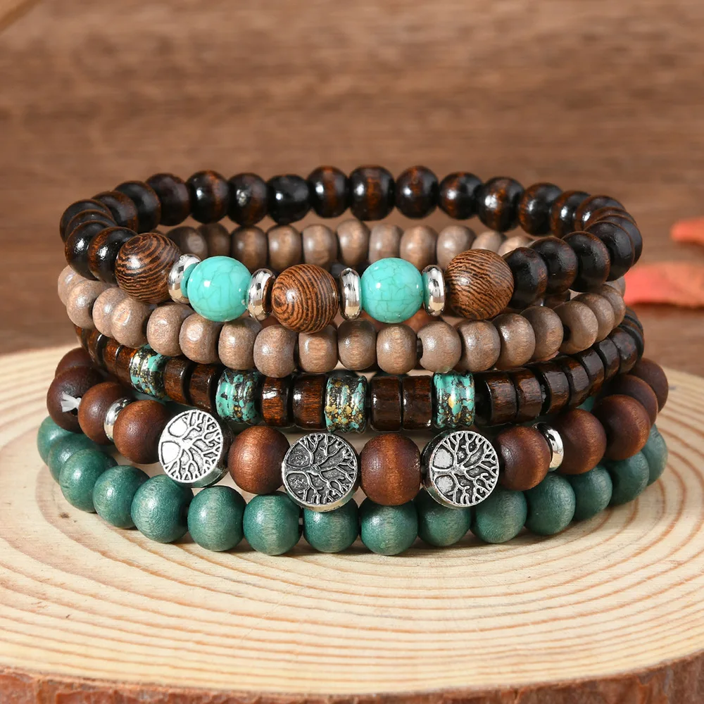 Vintage Ethnic Wooden Beaded Bracelets For Men Fashion Turquoise Nature Stone Life Tree Multi Layer Beaded Bracelets Gifts