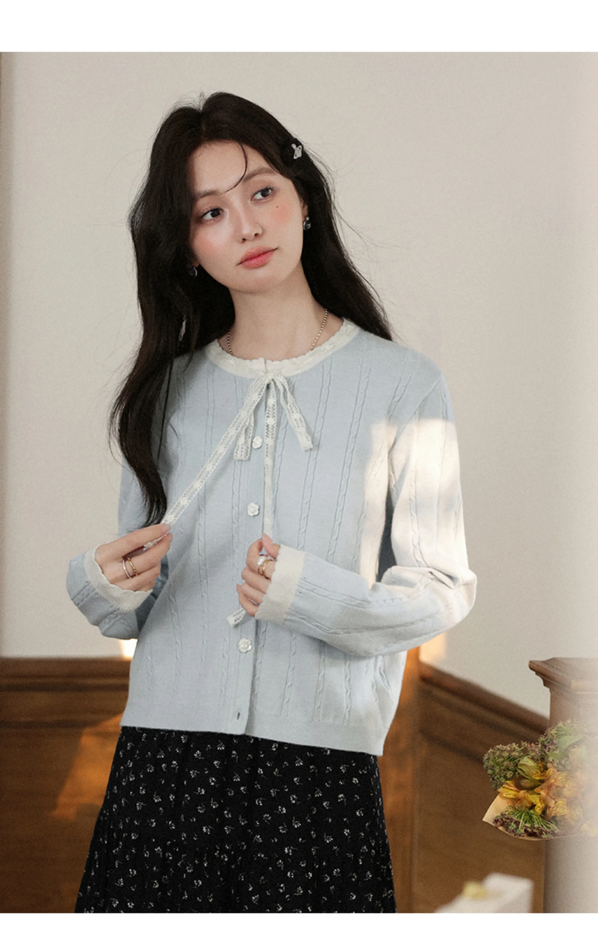

ALXNAN Plus Size Knitted Cardigans Blue Patchwork Lace Long Sleeve Women's Knitwears Elegant Short Casual Knitted Tops D12305