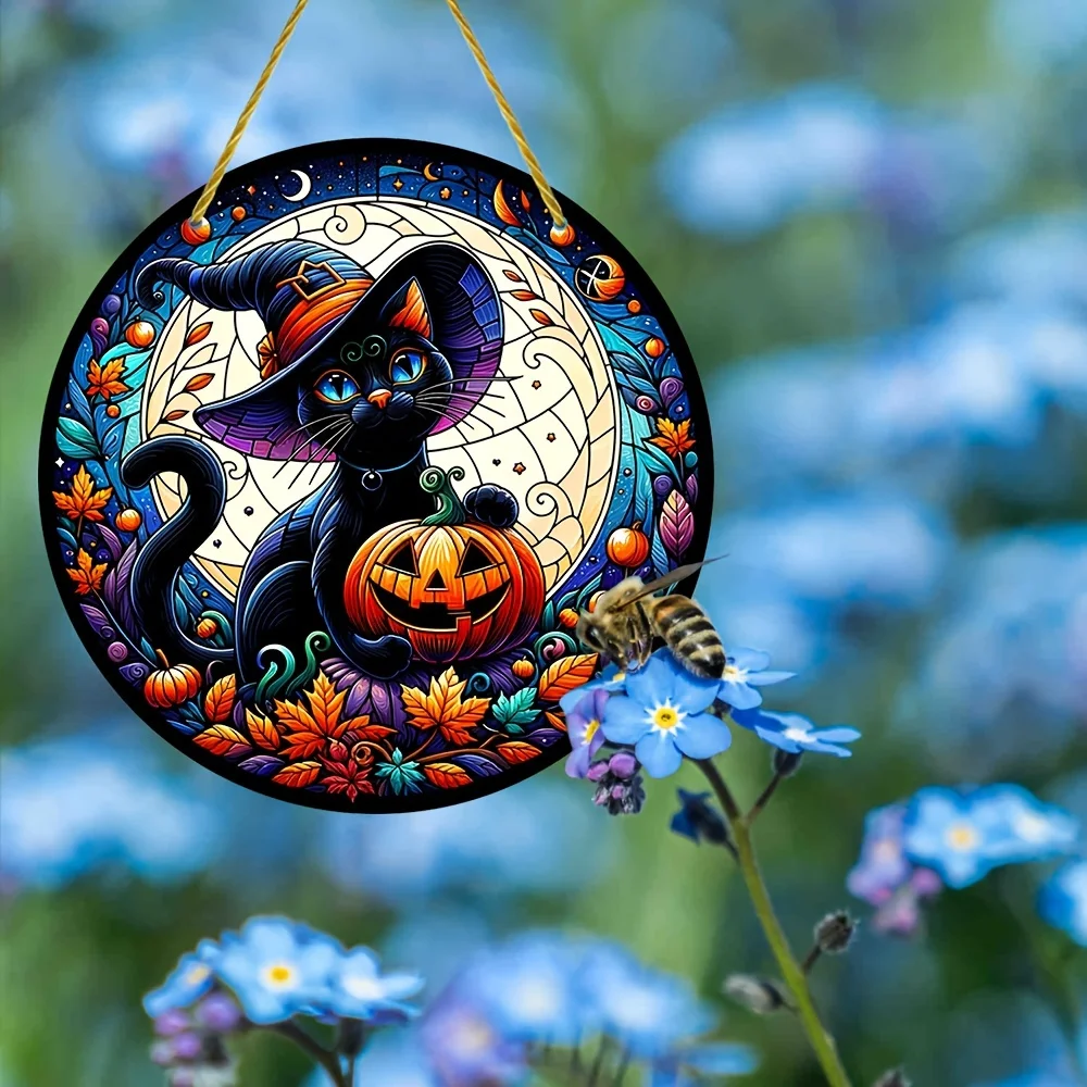 Eclectic Style Black Cat with Pumpkin Acrylic Hanging Suncatcher,Translucent Circular Wall Decor,Painted Floral Wreath Design