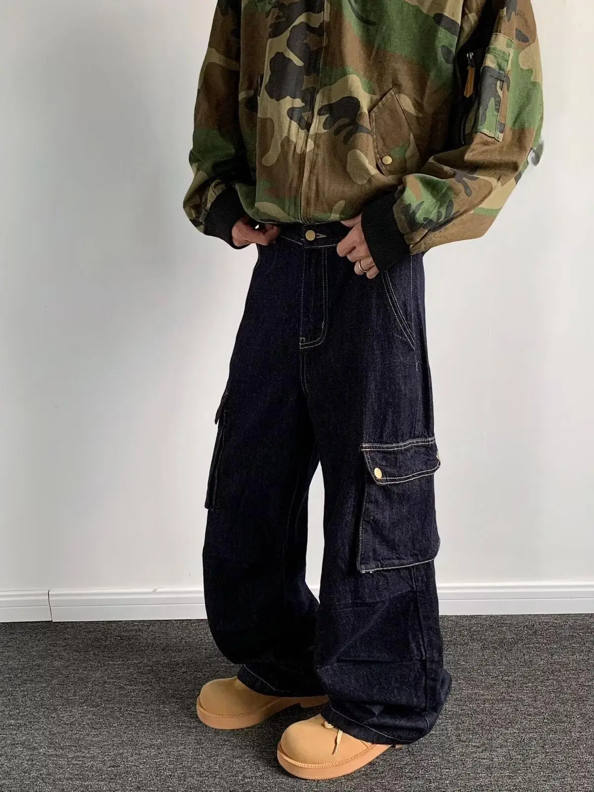 American Retro Multi-Pocket Functional Workwear Jeans Straight Leg Long Pants Trendy Casual High Waist Wide Leg Jeans