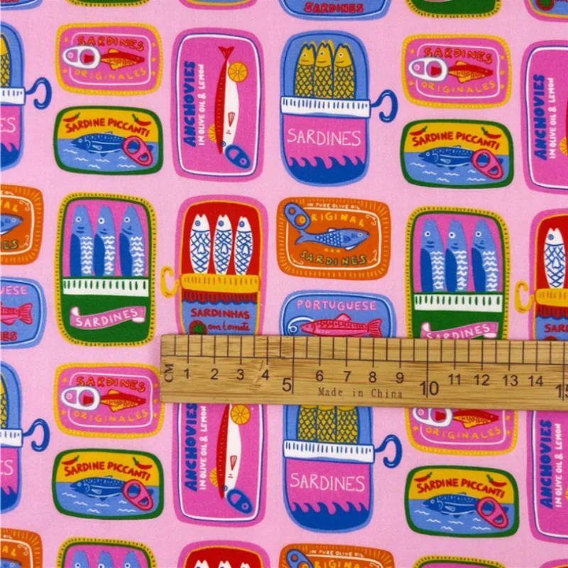 Pink Bottom Canned Fish Print Pure Cotton Poplin Thin Fabric, Handmade DIY Decoration Garment Dress Sewing Cloth,  M236