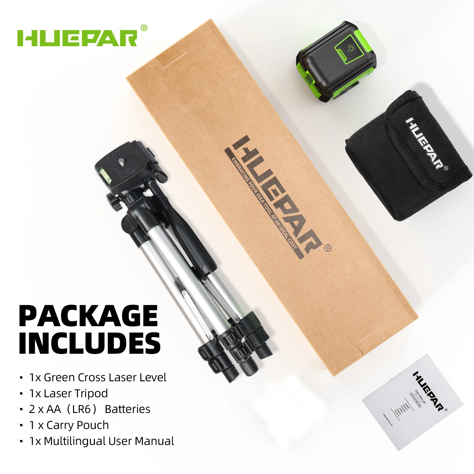 Huepar Cross Line Laser Level With 0.65M Tripod 2 Lines Germany Osram Self-Leveling Horizontal & Vertical Laser Leveling Tools