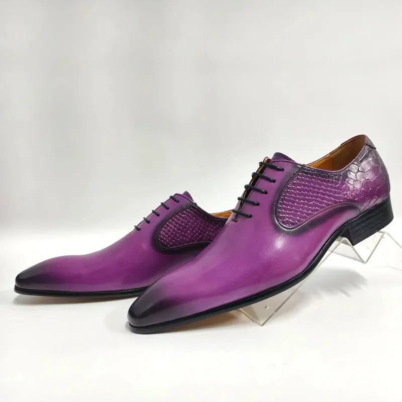 Party Dress Men Shoes Handmade Pure Genuine Leather Luxury Purple Office Dress Business Oxford Lace Up Male Footwear Ideal Gifts