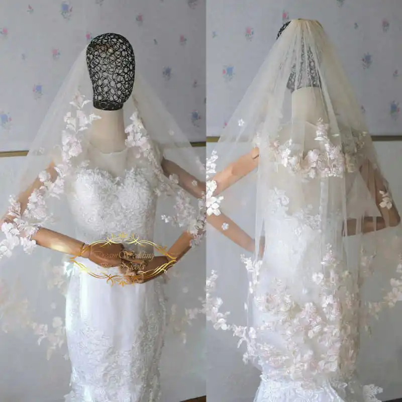 

Gorgeous Wedding Veils Customized With 3D Full Appliques Lace Cathedral with Comb 3M Long White Ivory 2 T Bridal Veils