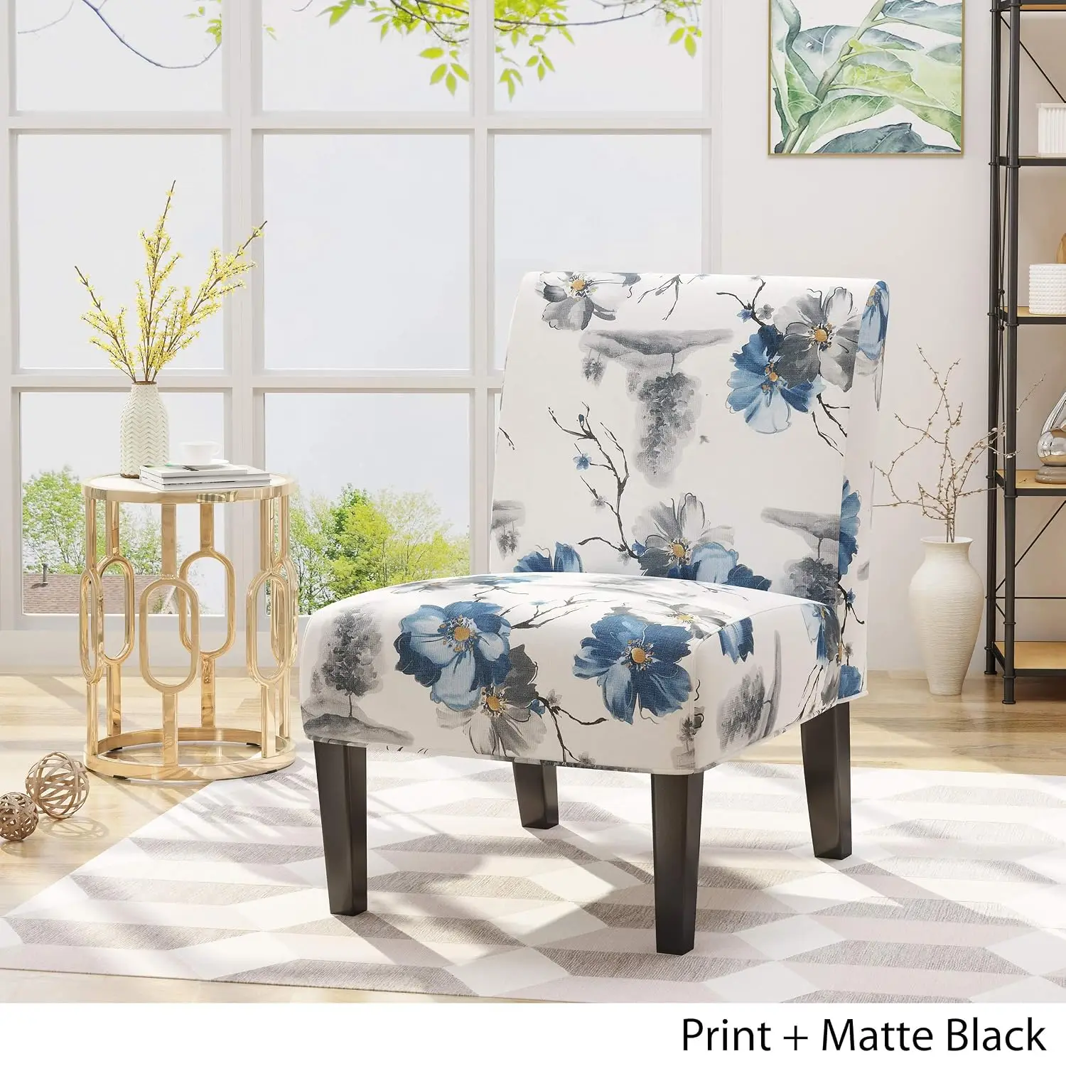 Traditional Fabric Accent Chair Floral Print Matte Black 22.5D x 29.5W x 32H in, Customized