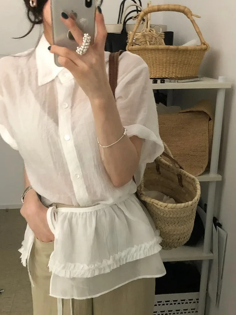 

ort Sve irt Women's Chic Summer Texture Sensation Micro Transparent Belt Waist Inward Fre Age Reduction irt