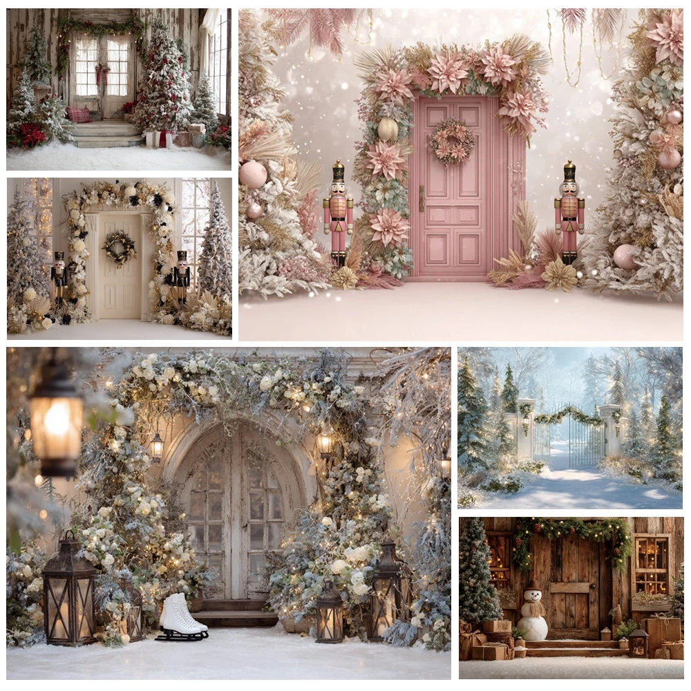 

MOON.QG Vintage Snow Entrances Photographic Background Cottages Christmas Floral Door Backdrop Accessories Studio Photozone