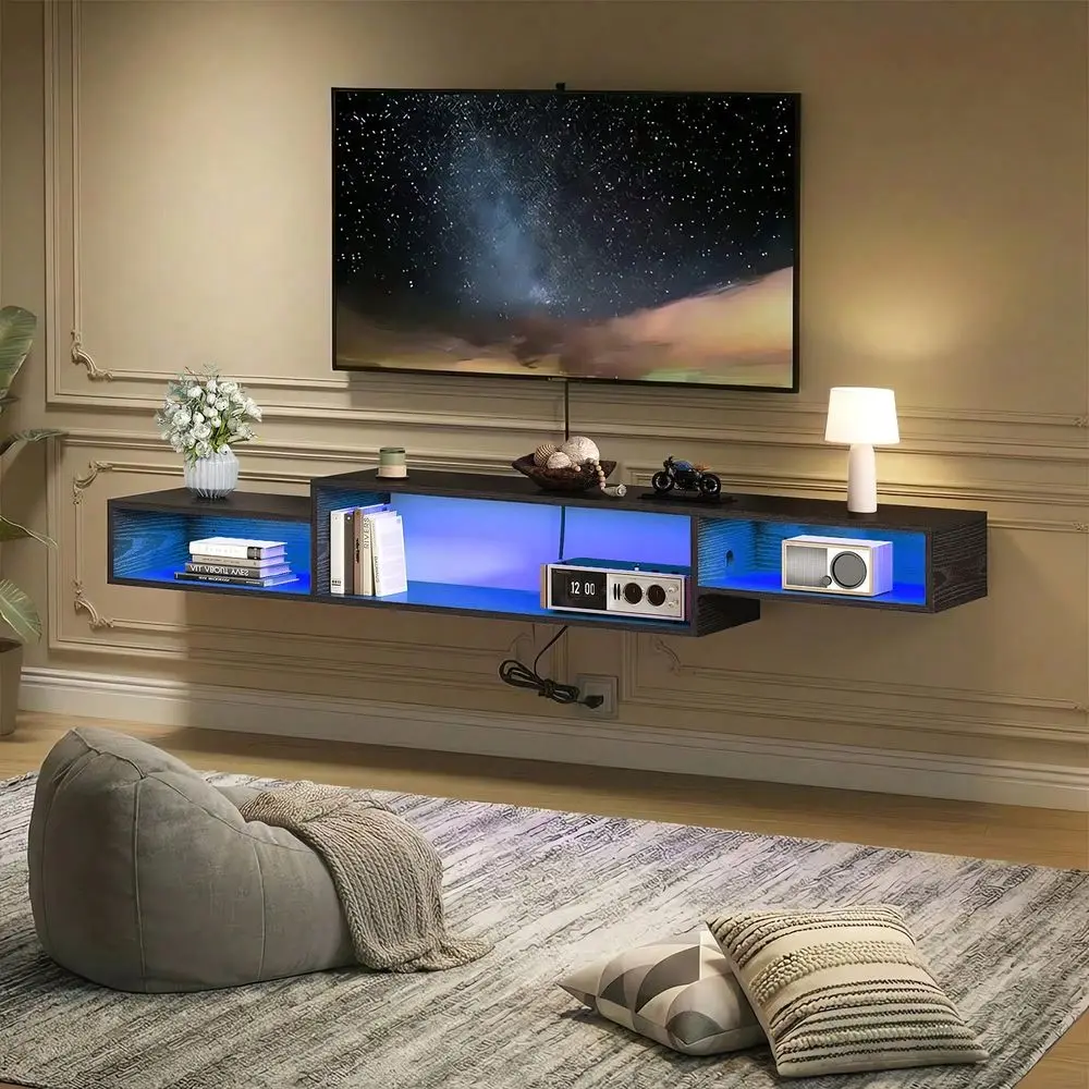 Floating TV Stand With LED Lights, Floating Entertainment Center With Power Outlet, Floating TV Shelf Media Console Cabinet For