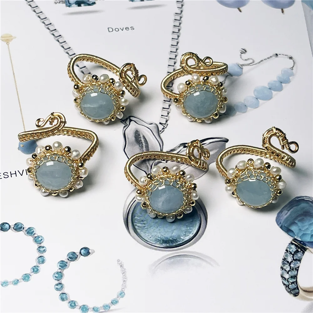 

shinygem natural aquamarine freshwater pearl lace palace vintage ring elegant for women