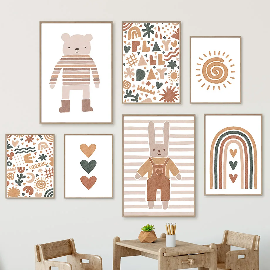 Boho Bear Rabbit Rainbow Sun Heart Nursery Wall Art Canvas Painting Nordic Posters And Prints Wall Pictures Baby Kids Room De