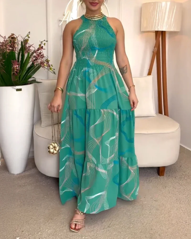 Vestido de verão mulher captura abstrata impressão halter sem mangas franzido em camadas y2k maxi vestido para mulher férias midi vestido