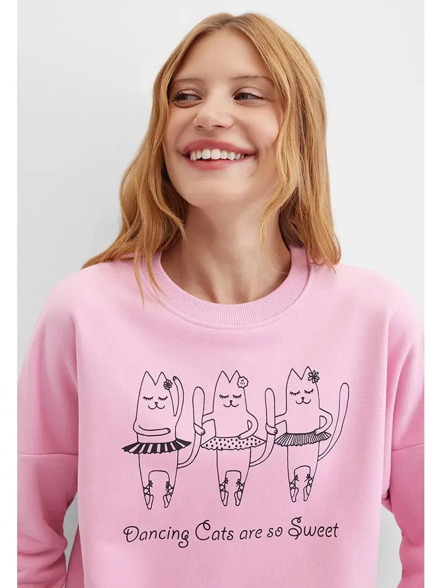 Zabawne Komiksy z Kotami Nadruk Różowe Bluzy Temperament Kobiety Moda Uliczna Okrągły Dekolt Oversize Pulower Jesień Modny Długi Rękaw