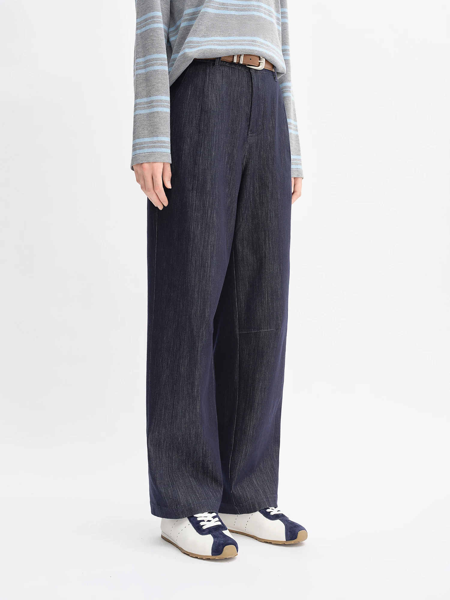 DUSHU Autumn 2025 Women's Vintage Wide Leg Jeans - Curve Flattering High Waist Stretch Denim Pants Arc Hem Casual Comfort Fit