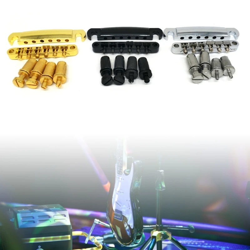 Electric Guitar Tune O-Matic Tailpiece and Bridge Kits with Studs Mounting Accessory, Guitar Replacement Part, 6 Strings