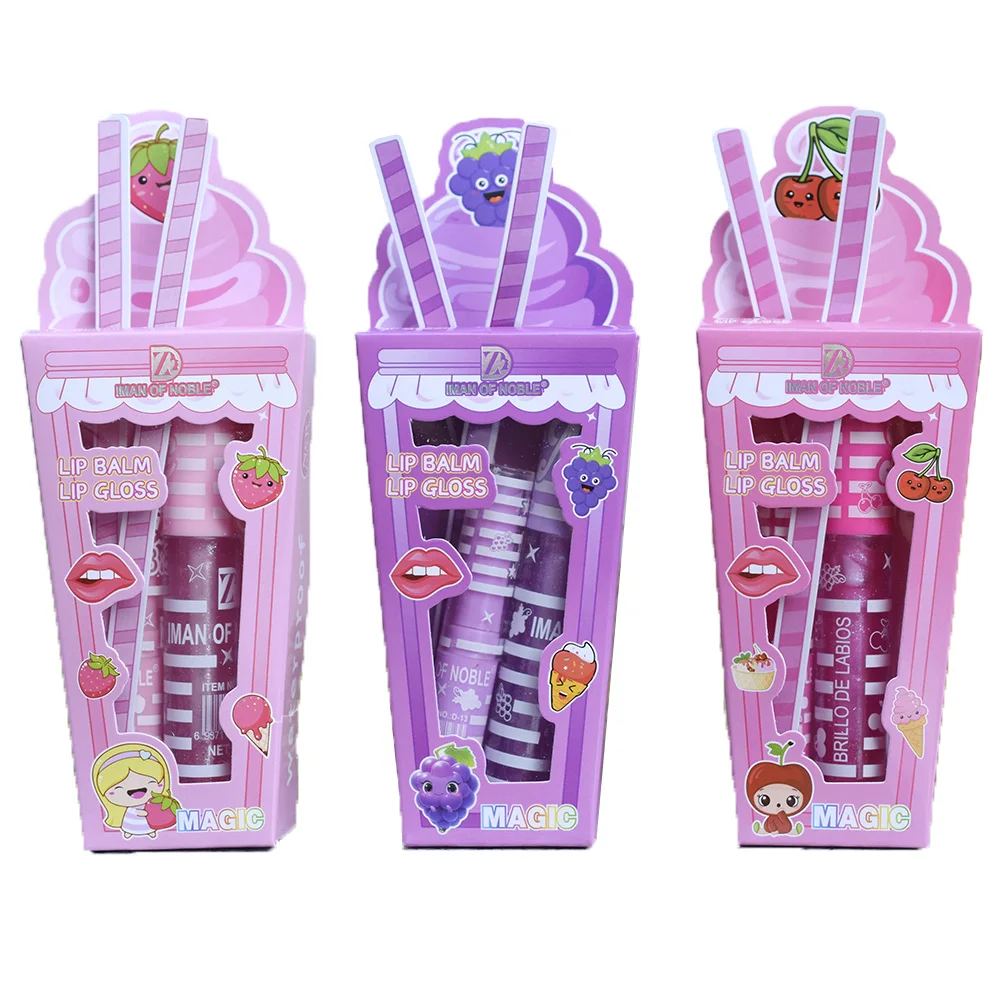Cute Ice Cream Shiny Lip Gloss Lip Balm Set Girls Woman Waterproof Longlasting Natural Moisturizing Lips Makeup