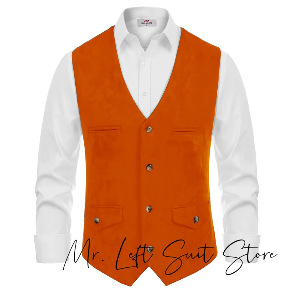 Fashion V-neck Men's Suede Leather Suit Vest Casual Western Vest   placket sleeveless jacket Formal Sleeveless Waistcoat