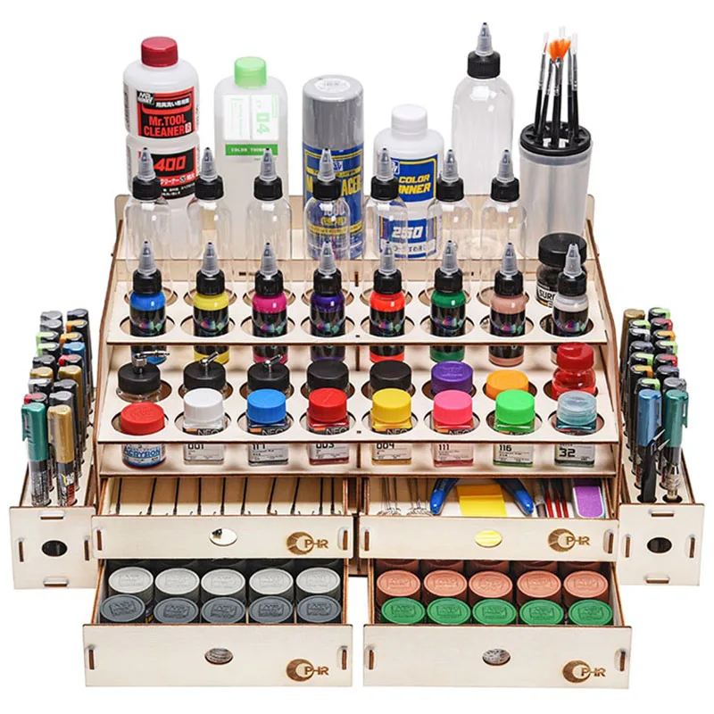 

Подставка для кистей и бутылок с 4 отверстиями, деревянная стойка для пигмента, 68 ящиков, стеллаж для хранения, цветной органайзер для рисования, модульный ящик для чернил и краски
