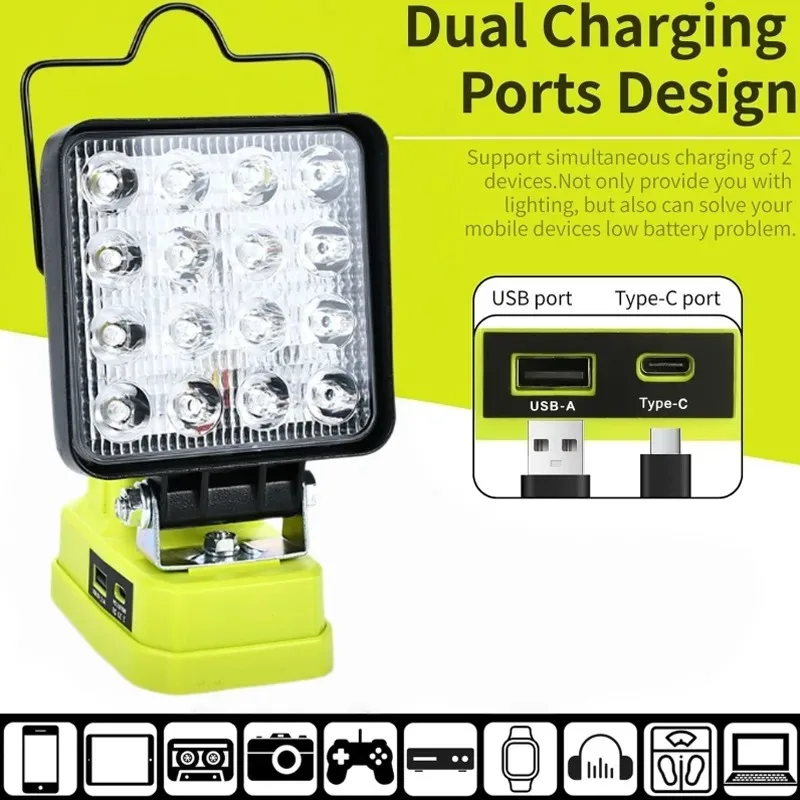 4/7/8inchs Portable Cordless LED Work Light For Ryobi 18V Battery outdoor flashlight for Emergency lighting with USB TYPE-C port